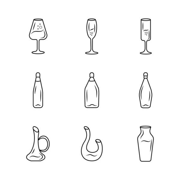 Weingut Gläser lineare Symbole gesetzt. Party, Bar, Restaurant Dekanter, Flaschen, Gläser dünne Linie Kontursymbole. Weinsorten. isolierte Vektorumrisse-Illustrationen. editierbarer Schlaganfall — Stockvektor