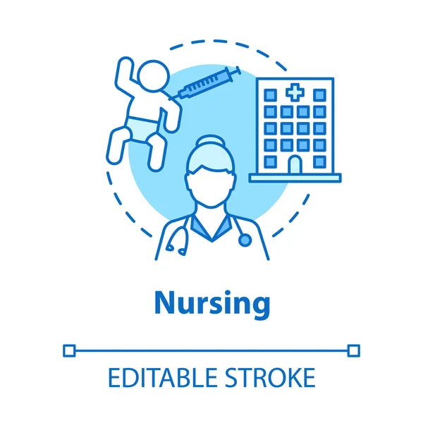 Nursing concept icon. Child medical care idea thin line illustration. Doctor, nurse, pediatrician. Baby healthcare, hospital, vaccination. Vector isolated outline drawing. Editable stroke — Stock Vector