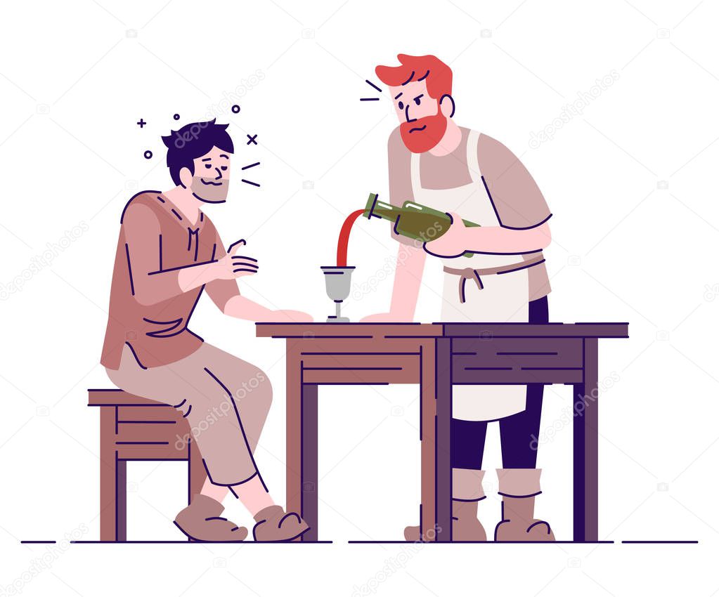Medieval tavern with peasants flat vector illustration. Owner and visitor drinking wine in ancient pub isolated cartoon characters with outline elements on white background. Fairytale personages