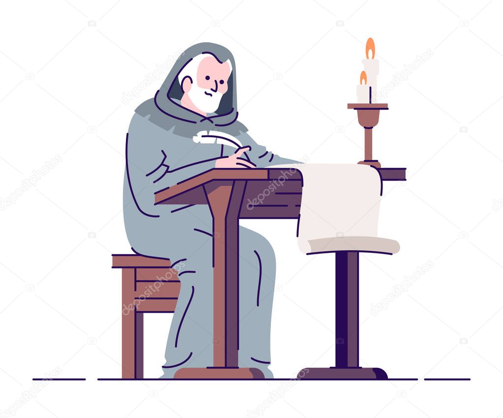 Medieval chronicler with manuscript flat vector illustration. Middle age annalist isolated cartoon characters with outline elements on white background. Ancient literacy and education