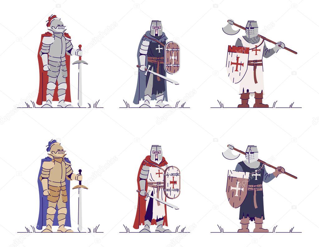 Medieval knights flat vector illustrations set. Armored warriors isolated cartoon characters with outline elements on white background. Middle Age crusaders, swordsmen. Ancient warfare