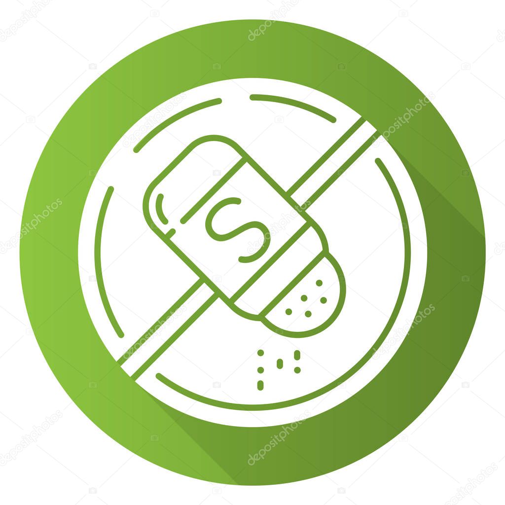 Salt free green flat design long shadow glyph icon. Organic food without sodium. Product free ingredient. Nutritious dietary. Natural meals for personal healthcare. Vector silhouette illustration