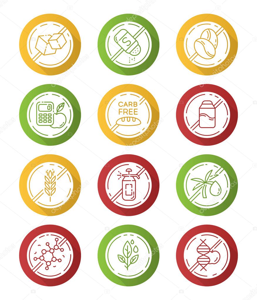 Product free ingredient flat design long shadow glyph icons set. No paraben, pesticide, lactose. Organic food, healthy eating. Dietary without allergens and sweeteners. Vector silhouette illustration