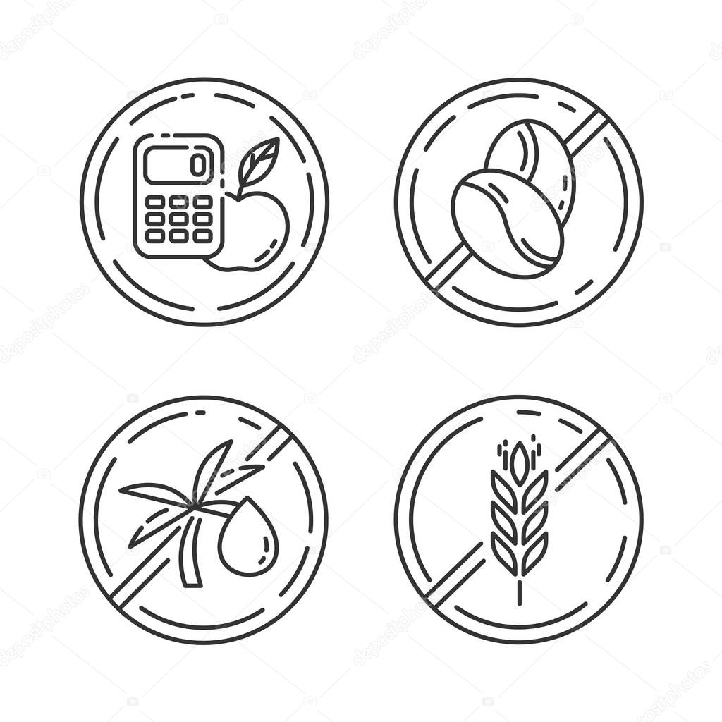 Product free ingredient linear icons set. No calories, caffeine,