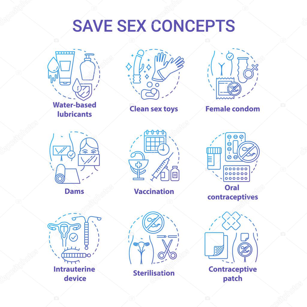 Safe sex blue concept icons set. Female condom, oral contraceptive. Vaccination, sterilisation for healthy relationship idea thin line illustrations. Vector isolated outline drawings. Editable stroke