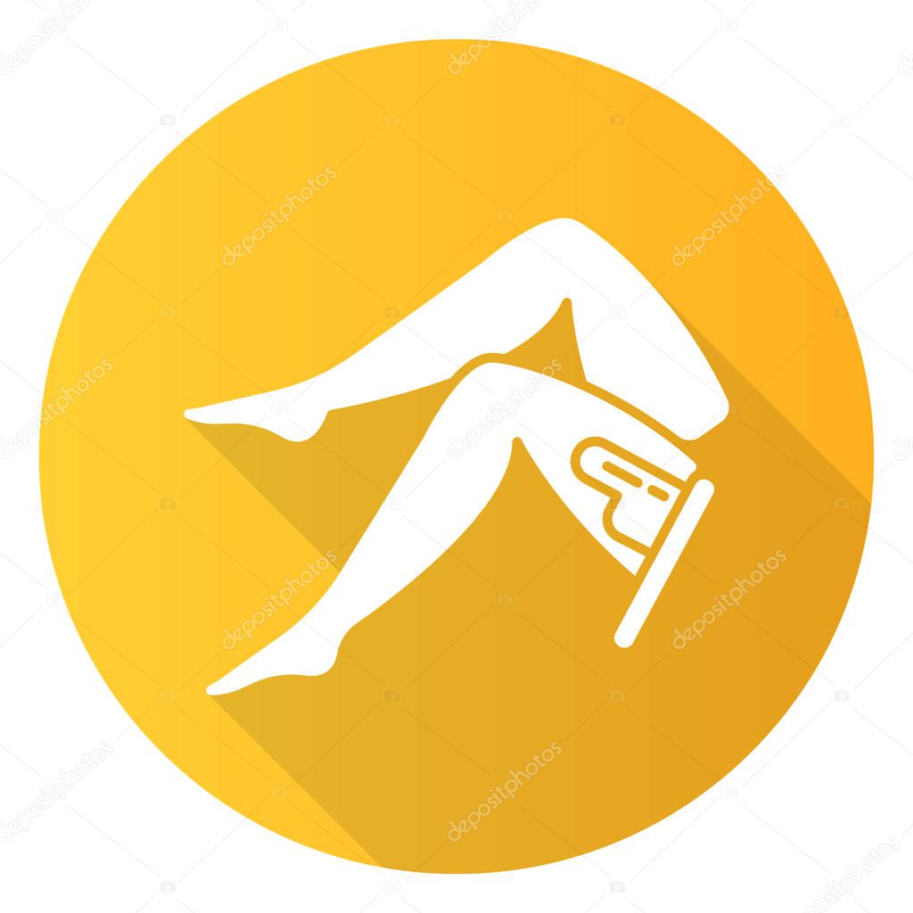 Leg waxing orange flat design long shadow glyph icon. Female hair removal procedure. Depilation with natural soft hot wax. Professional beauty treatment. Vector silhouette illustration
