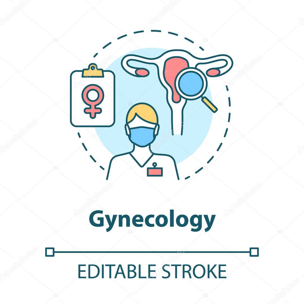 Gynecology concept icon. Women healthcare idea thin line illustration. Gynaecologist, doctor. Female reproductive system, fertility. Vector isolated outline drawing. Editable stroke