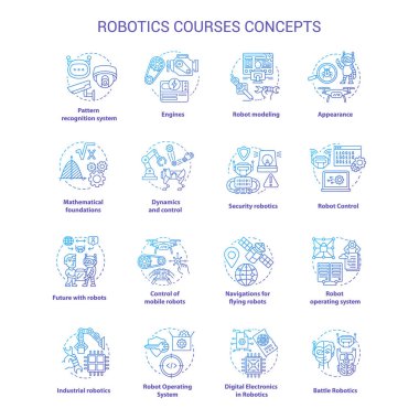 Robotik kursları menekşe konsept simgeleri ayarlandı. Robotlar ince çizgiler çiziyor. Elektronik aletler yapıyor. Robot modelliği dersleri. Vektör izole çizimler. Düzenlenebilir vuruş