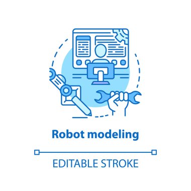 Robot, mavi konsept ikonu modelliyor. Bilgisayarlar ince çizgi çizimi fikri oluşturuyorlar. Elektronik aletlerin tasarımını yapıyor. Robot teknolojisi geliştiriyorum. Vektör izole çizim. Düzenlenebilir vuruş