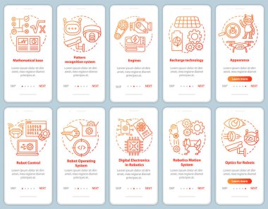 Robot bilimi kursları seyyar uygulama sayfası ekranında doğrusal kavramlar ayarlandı. Robotlar bölüm mühendisliği basamakları grafik talimatları inceliyor. Ux, Ui, resimli Gui vektör şablonu
