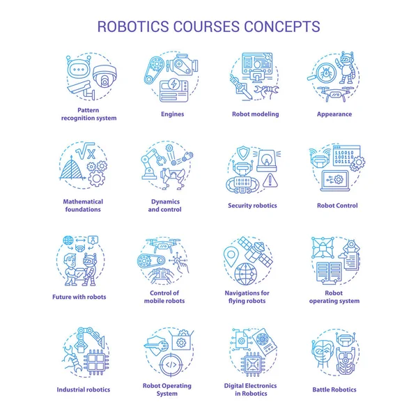 Kurs Robotyki Fioletowy Zestaw Ikon Koncepcyjnych Tworzenie Robotów Pomysł Cienkiej — Wektor stockowy