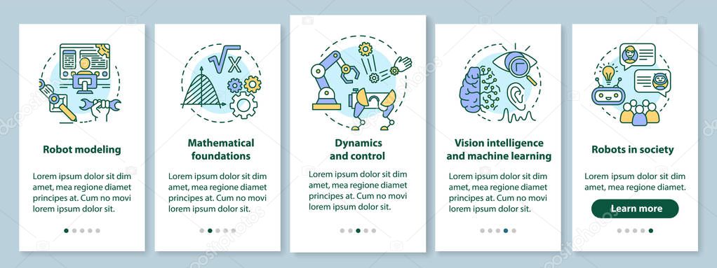 Robotics courses onboarding mobile app page screen with linear concepts. Study robot engineering walkthrough steps graphic instructions. UX, UI, GUI vector template with illustrations