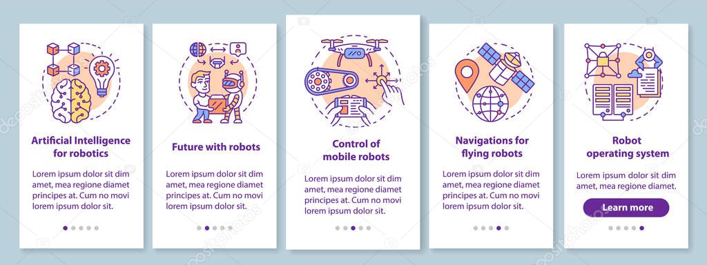 Robotics courses onboarding mobile app page screen with linear concepts. Learning robot control walkthrough steps graphic instructions. UX, UI, GUI vector template with illustrations