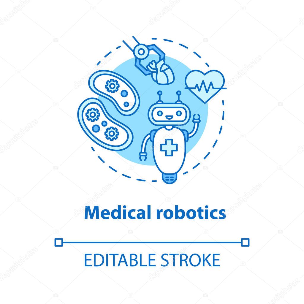 Medical robotics concept blue icon. Health care computer machines idea thin line illustration. Types of robots. Innovative hospital system. Vector isolated outline drawing. Editable stroke