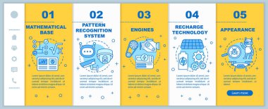 Mobil web sayfaları vektör şablonunda robotik teknolojisi. Otomasyon. Doğrusal çizimlerle ilgili akıllı telefon web sitesi arayüzü fikri. Web sayfası basamak ekranları. Renk konsepti