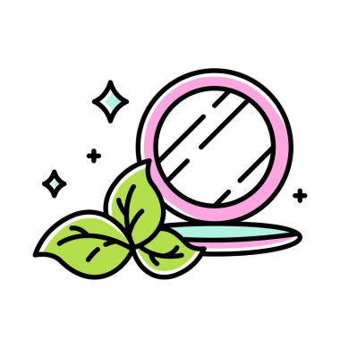 Sıkıştırılmış makyaj tozu renk simgesi. Yüz bakımı ürünü. Mineral tozu temeli. Bronser, fosforlu kalem. Aynalı güzellik malzemesi. Organik kozmetik ürünleri. İzole vektör illüstrasyonu