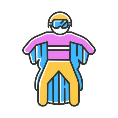 Wingsuit uçan renk ikonu. Kanat giysisiyle paraşütçü atlayışı. Hava dalışı. Hava ekstrem spor. Havada uçmak, adrenalin salgılamak. Paraşütçü uçuyor. İzole vektör illüstrasyonu