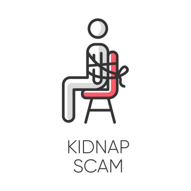 Adam kaçırma dolandırıcılığı renk simgesi. Sanal adam kaçırma. Fidye talebi. Şantaj. Telefon gaspı. Ailevi acil durum dümeni. Kötü niyetli bir uygulama. Dolandırıcılık şeması. İzole vektör illüstrasyonu