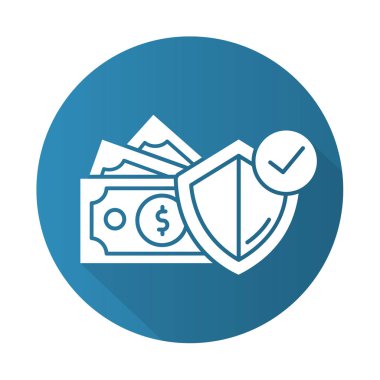 Kredi sigortası mavi düz dizayn uzun gölge simgesi. Öz bakıma para yatırımı. Krediyi ödüyorum. Hayat, sağlık sigortası. Mali ve bütçe hesaplarını yönetiyorum. Vektör silueti çizimi