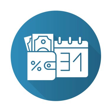 Kredi parası mavi düz tasarım uzun gölge simgesi. Ödeme kredisi. Cüzdanında para var. Krediyi ödüyorum. Artan yüzde geliri takibi. Bütçe yönetimi. Vektör silueti çizimi