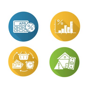 Uzun gölge simgeleri dizayn edilmiş kredi dizaynı. Yıllık yüzde hesap makinesi. Gelir artışı, bütçe büyümesi bilgileri. Dönüşümlü kredi. Mortraj riski var. Vektör silueti çizimi