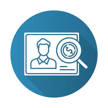 Kredi değeri yüksek mavi düz dizayn, uzun gölge simgesi doğrulanıyor. Kişisel kredi geçmişini inceliyorum. Finansal rapor. Ekonomi işi. Yatırım, bütçe grafiği. Vektör silueti çizimi