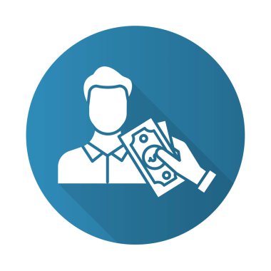 Nakit mavi düz tasarım uzun gölge simgesi ödünç alıyorum. Borç para vermek. Krediyi öde, krediyi. Dolar banknotları alan adam. Mali ve kişisel bütçe hesaplarını yönetiyorum. Vektör silueti çizimi