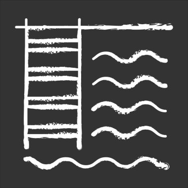 Yüzme havuzu tebeşiri ikonu. Su ve merdiven. Banyo yapmak. Aquapark. Auatic tesisleri. Daire konforu. Dinlenme odası, boş zamanlarınızda kullanabileceğiniz spor alanı. İzole edilmiş vektör karatahta çizimi