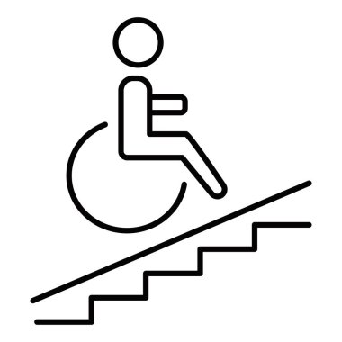 Tekerlekli sandalye doğrusal ikonu. Engelli insanlara erişilebilir. Engelliler için tesisler. Tekerlekli sandalye rampası. İnce çizgili çizim. Contour sembolü. Vektör izole çizim. Düzenlenebilir vuruş