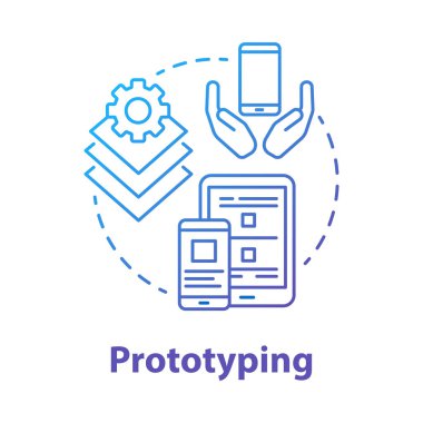 Prototip konsept simgesi. Yazılım geliştirme araçları ince çizgi çizimi fikri. Mobil cihaz uygulaması programlama. Tepkili uygulama tasarımı. Başvuru yönetimi. Vektör izole çizimi
