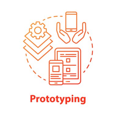 Prototip konsept simgesi. Yazılım geliştirme araçları ince çizgi çizimi fikri. Mobil cihaz uygulaması programlama. Tepkili uygulama tasarımı. Başvuru yönetimi. Vektör izole çizimi