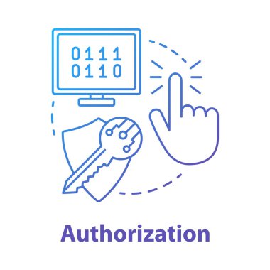 Yetkilendirme konsepti simgesi. Yazılım geliştirme fikri ince çizgi çizimi. Mobil cihaz programlama. Veri şifreleme. Kişisel mahremiyet koruması. Vektör izole çizimi