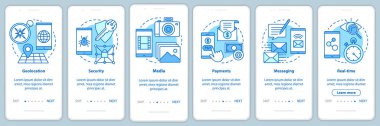 Mobil uygulama sayfa vektör şablonunda yazılım geliştirme. Uygulama programlama. Doğrusal çizimler içeren web sitesi adımları. Ux, Ui, Gui akıllı telefon arayüzü kavramı