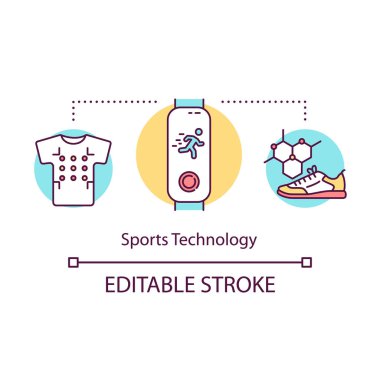 Spor teknolojisi konsepti ikonu. Fitness için ürünler. Sporcular için ekipman. Rahat kıyafetler, ayakkabılar, egzersiz kontrol fikri ince çizgiler. Vektör izole çizim. Düzenlenebilir vuruş