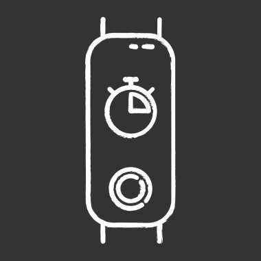 Tebeşir simgesinde dur saati olan fitness izleyicisi. Dijital zamanlayıcı ile sağIık cihazı. Aktif yaşam tarzı aleti, doğru zaman ölçümü için kronometre. İzole edilmiş vektör karatahta çizimi