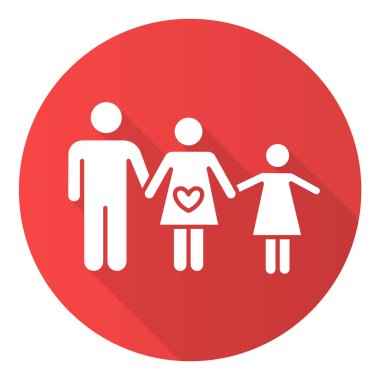 Aile planlaması kırmızı düz dizayn uzun gölge simgesi. Karı koca çocuk büyütüyor. Mutlu bir kızı olan anne ve babayı sevmek. Ailesi olan bir çocuk. Vektör silueti çizimi