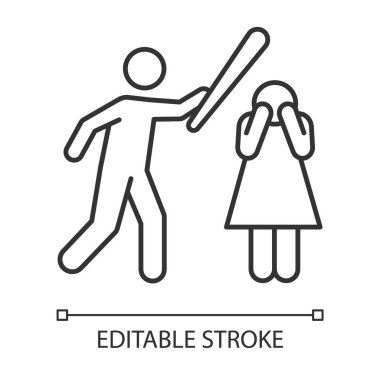 Kadın doğrusal ikona karşı şiddet. Kadın istismarı, taciz, zorbalık. Erkek elini kaldırır, koca karısını yumruklar. İnce çizgili çizim. Contour sembolü. Vektör izole çizim. Düzenlenebilir vuruş