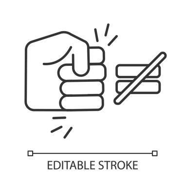 Kalitesiz doğrusal simgeyle savaş. Tacizi bırak. Yumruk işareti. Ayrımcılık, cinsiyet ayrımcılığı. İnsan hakları ihlali. İnce çizgili çizim. Contour sembolü. Vektör izole çizim. Düzenlenebilir vuruş