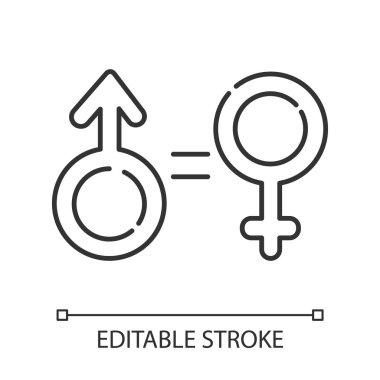 Cinsiyet eşitliği doğrusal simgesi. Kadın ve erkek hakları. Kadın, erkek işareti. Feminizm. Adil bir ilişki. İnce çizgili çizim. Contour sembolü. Vektör izole çizim. Düzenlenebilir vuruş