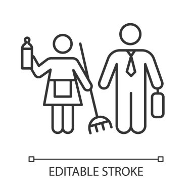 Cinsiyet kalıpları doğrusal simge. Kadın ve erkek hizmetçi, iş hayatı. Kadın, erkek hakları. Sosyal eşitsizlik. İnce çizgili çizim. Contour sembolü. Vektör izole çizim. Düzenlenebilir vuruş