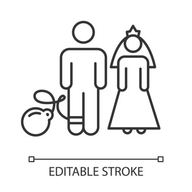 Zorunlu evlilik doğrusal simgesi. Kadın ve erkek. Zorla evlendirme. Zorunlu evlilik. Kadın, erkek hakları. İnce çizgili çizim. Contour sembolü. Vektör izole çizim. Düzenlenebilir vuruş