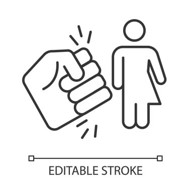 Transkadın doğrusal simgesine karşı şiddet. Transseksüel eşitsizlik. Transeksüel kızı taciz etmek. Cinsiyetler arası kadın. İnce çizgili çizim. Contour sembolü. Vektör izole çizim. Düzenlenebilir vuruş