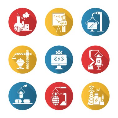 Sanayi tipi düz tasarım uzun gölge simgeleri seti. Kimyasal, eğitim, bilgisayar, inşaat, yazılım, uzay, ilaç, silah, enerji sektörleri. Vektör silueti çizimi