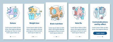 Keto, mobil uygulama sayfası ekranında doğrusal kavramlarla diyet yapıyor. Ketojenik yiyecekler ve sağlıklı beslenme adımları grafik talimatlar. Ux, Ui, resimli Gui vektör şablonu