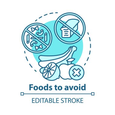 Konsept ikonundan kaçmak için yiyecekler. Keto diyet fikri ince çizgi çizimi. Ketogenik yemek menüsü. Yasak yemek. Dengeli beslenme. Sağlık sigortası, yaşam tarzı. Vektör izole çizim. Düzenlenebilir vuruş