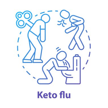 Keto gribi mavi gradyan konsept ikonu. Ketogenik diyet yan etkileri ince çizgi çizimi fikri. Karbonhidrat çekilmesi. Mide bulantısı, yorgunluk, acı. Hastalık belirtileri. Vektör izole çizimi