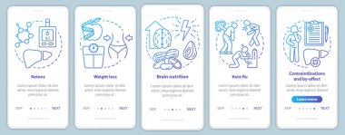 Keto, mobil uygulama sayfa ekran şablonunda mavi diyet yapıyor. Ketojenik beslenme ve sağlıklı beslenme. Doğrusal çizimler içeren web sitesi adımları. Ux, Ui, Gui akıllı telefon arayüzü kavramı