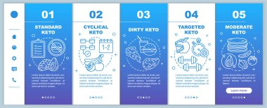 Keto diyetinin türleri mobil web sayfaları vektör şablonunda mavi renktedir. Doğrusal çizimlerle ilgili akıllı telefon web sitesi arayüzü fikri. Web sayfası basamak ekranları. Renk konsepti