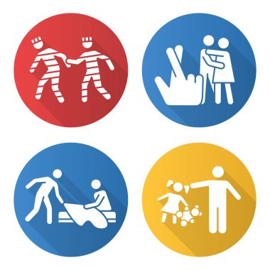 Farklı tecavüz tipleri düz tasarım uzun gölge sembolleri seti. Hapis, reşit olmayanlar, çocuklar, eş tecavüzü. Çocuğa cinsel taciz, kadın. Cinsel saldırı kurbanları. Vektör silueti çizimi