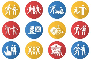 Tecavüz türleri düz tasarım uzun gölge simgeleri seti. Tarih, reşit olmayanlar, çocuklar ve eş tecavüzü. Hapisteki kadınlara kötü muamele. Kadınlara cinsel taciz ve saldırı. Vektör silueti çizimi